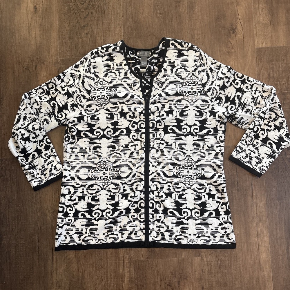 Additions by Chico's Black White Full Zip Cardigan Womens Sz 3 (XL/16) Career